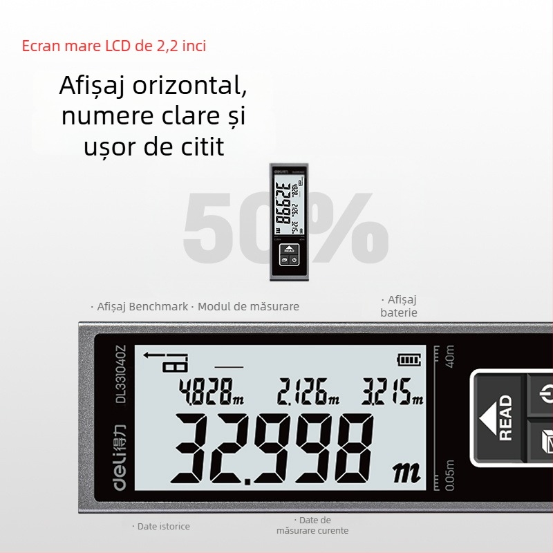Deli mini metru laser, rază 40 m, riglă electronic infraroșu, baterie litiu, model DL331040Z
