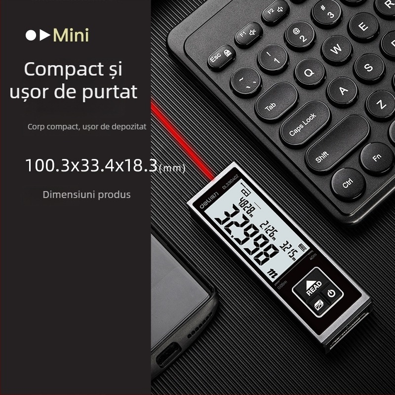 Deli mini metru laser, rază 40 m, riglă electronic infraroșu, baterie litiu, model DL331040Z