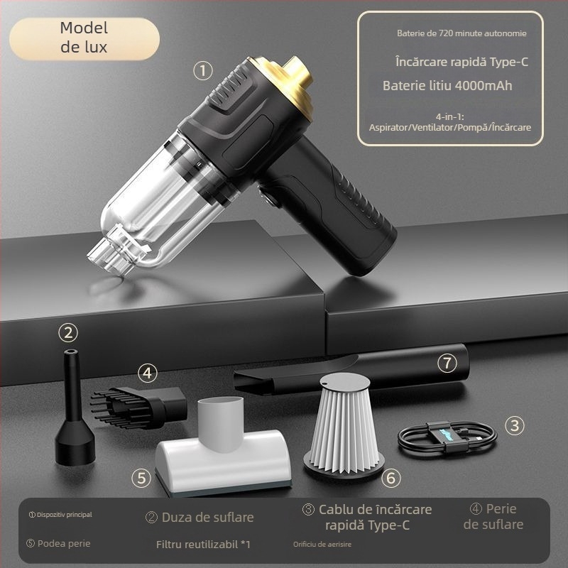Aspirator portabil pentru mașină și casă - 300 W, aspirație 20000 Pa, reîncărcabil, cablu de 300 cm, manometru pentru presiunea pneurilor