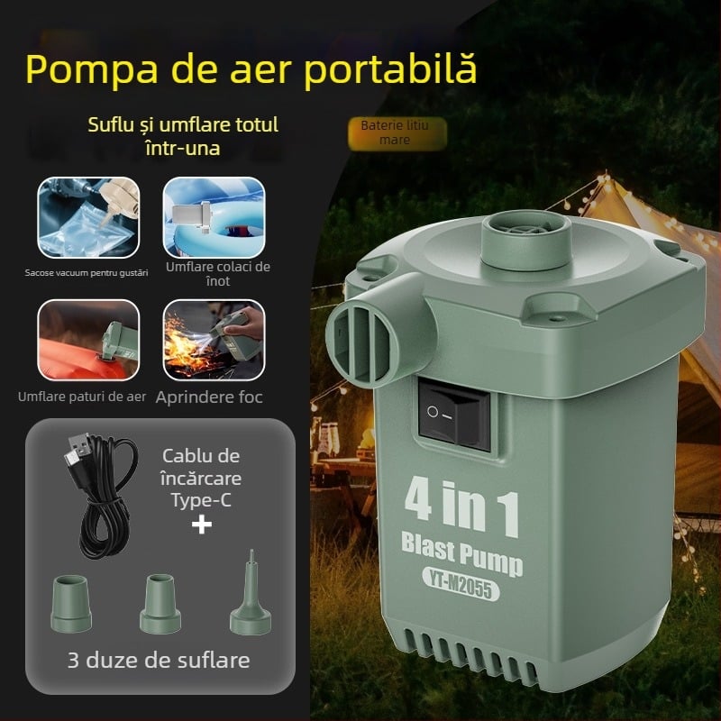 Pompa portabilă pentru pneuri auto, alimentare pe baterie, pompă cu un singur cilindru, debit de aer 30 L/min, funcționare continuă peste 20 de minute, sub 80W