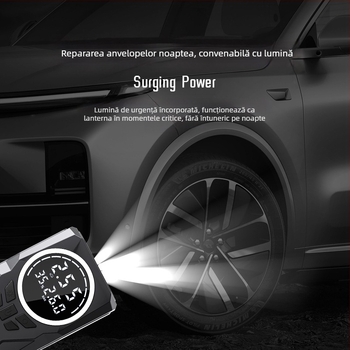 Pompă portabilă pentru pneuri auto, fără fir, montată pe vehicul, cu manometru încorporat; 12V, <80W, debit aer 25 L/min, afișaj digital, încărcare USB