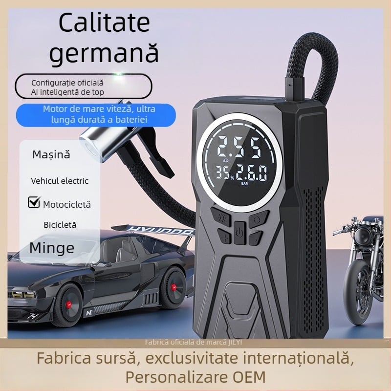 Pompă portabilă pentru pneuri auto, fără fir, montată pe vehicul, cu manometru încorporat; 12V, <80W, debit aer 25 L/min, afișaj digital, încărcare USB