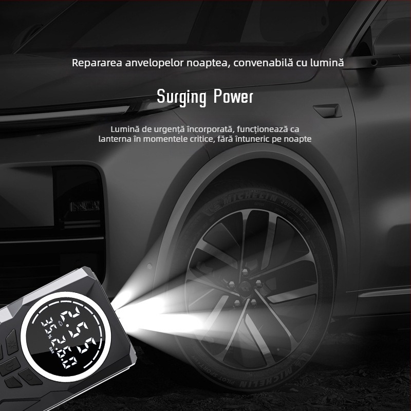 Pompă portabilă pentru pneuri auto, fără fir, montată pe vehicul, cu manometru încorporat; 12V, <80W, debit aer 25 L/min, afișaj digital, încărcare USB