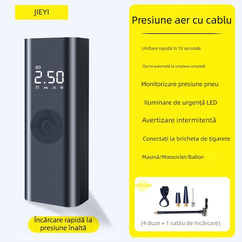 Pompă portabilă pentru pneuri auto, fără fir, montată pe vehicul, cu manometru încorporat; 12V, <80W, debit aer 25 L/min, afișaj digital, încărcare USB