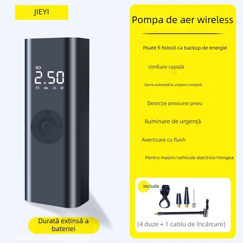 Pompă portabilă pentru pneuri auto, fără fir, montată pe vehicul, cu manometru încorporat; 12V, <80W, debit aer 25 L/min, afișaj digital, încărcare USB