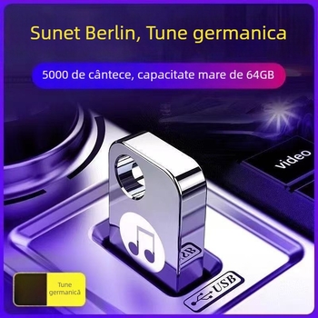USB flash auto 64GB, din aliaj de aluminiu, alimentat prin USB, redare MP3/MP4, fără afișaj