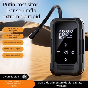 Pompa de aer portabilă pentru mașină, fără fir – 12V, 80W, multi-cilindru, cu afișaj LCD digital și măsurare a presiunii în pneuri, încărcabilă