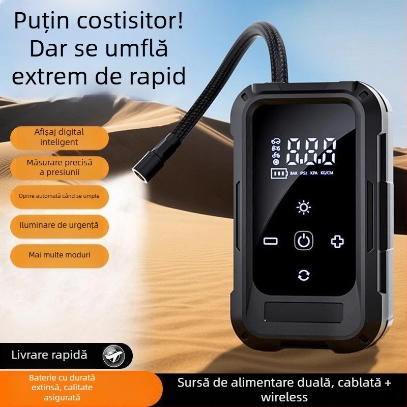 Pompa de aer portabilă pentru mașină, fără fir – 12V, 80W, multi-cilindru, cu afișaj LCD digital și măsurare a presiunii în pneuri, încărcabilă