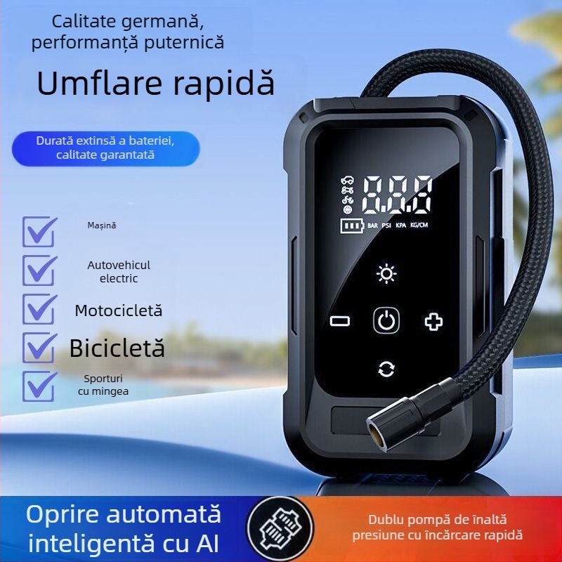 Pompa de aer portabilă pentru mașină, fără fir – 12V, 80W, multi-cilindru, cu afișaj LCD digital și măsurare a presiunii în pneuri, încărcabilă