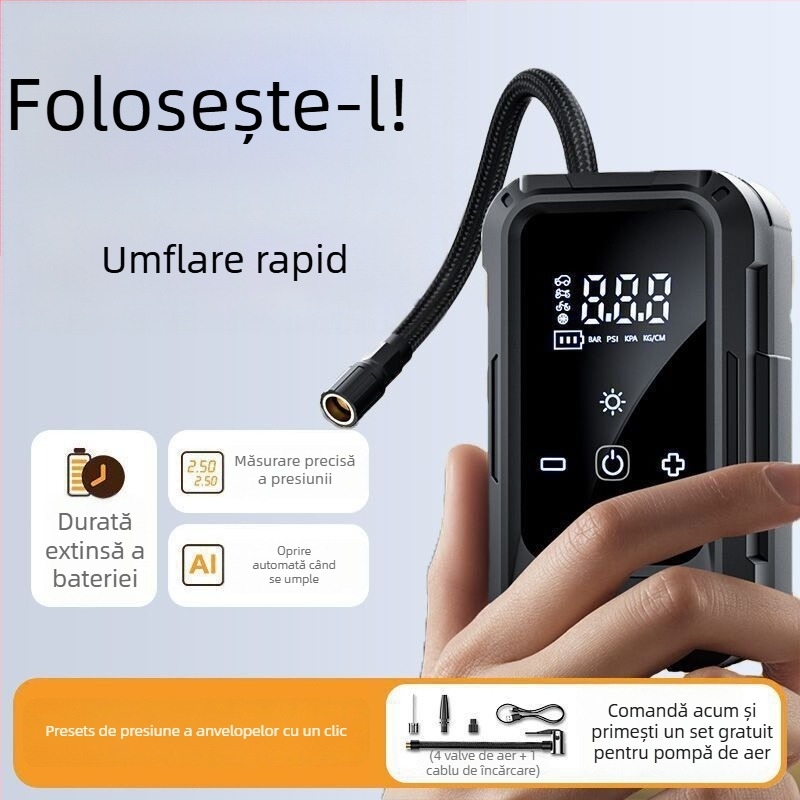 Pompa de aer portabilă pentru mașină, fără fir – 12V, 80W, multi-cilindru, cu afișaj LCD digital și măsurare a presiunii în pneuri, încărcabilă