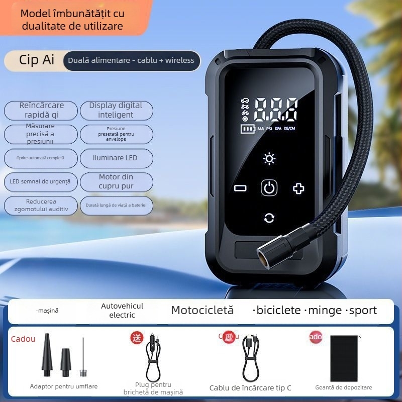 Pompa de aer portabilă pentru mașină, fără fir – 12V, 80W, multi-cilindru, cu afișaj LCD digital și măsurare a presiunii în pneuri, încărcabilă
