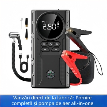 Sursă de pornire pentru mașină cu pompă de aer – toate într-unul, 12V, 1800A, 200W, încărcare USB, debit aer 35 L/min