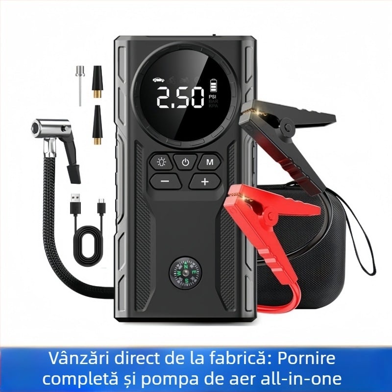Sursă de pornire pentru mașină cu pompă de aer – toate într-unul, 12V, 1800A, 200W, încărcare USB, debit aer 35 L/min