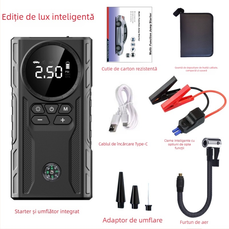 Sursă de pornire pentru mașină cu pompă de aer – toate într-unul, 12V, 1800A, 200W, încărcare USB, debit aer 35 L/min