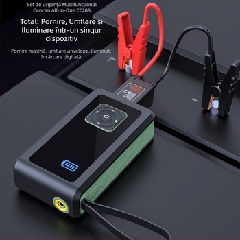 Totul într-un singur pentru mașină: pornire de urgență și pompă de anvelope, 12V, 100W, baterie litiu, design cu 2+ cilindri, debit 35 L/min