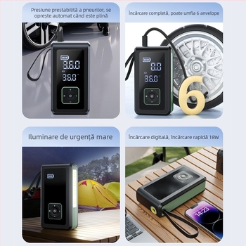 Totul într-un singur pentru mașină: pornire de urgență și pompă de anvelope, 12V, 100W, baterie litiu, design cu 2+ cilindri, debit 35 L/min