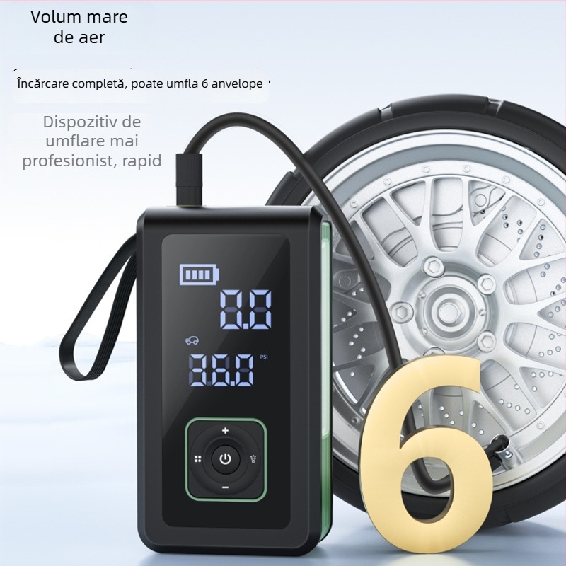 Totul într-un singur pentru mașină: pornire de urgență și pompă de anvelope, 12V, 100W, baterie litiu, design cu 2+ cilindri, debit 35 L/min