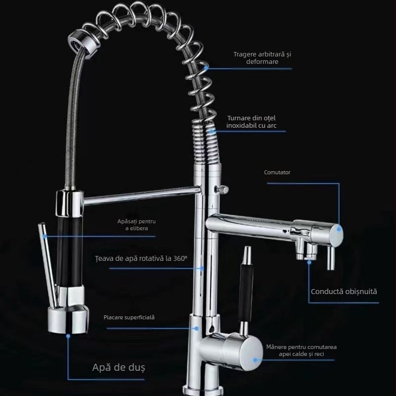 Robinet de bucătărie cu extensie trasă și arc, dual fierbinte/rece, stil american, corp din cupru, supapă ceramică