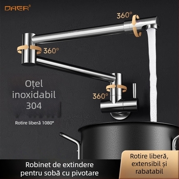 Robinet de bucătărie pliabil – oțel inox, montat pe perete, rotativ și extensie retractabilă, model Jd-7179, 0–90°C