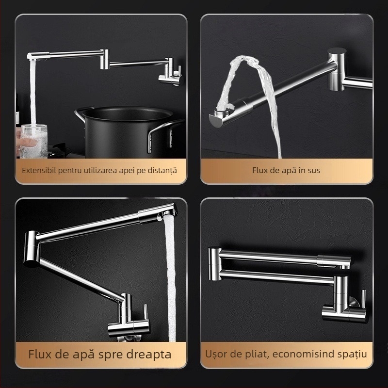 Robinet de bucătărie pliabil – oțel inox, montat pe perete, rotativ și extensie retractabilă, model Jd-7179, 0–90°C