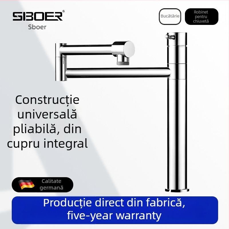 Robinet de bucătărie cu extensie retractabilă și rotire de 360°, corp din cupru, model D55003, 0-99°C, miez ceramic al ventilului
