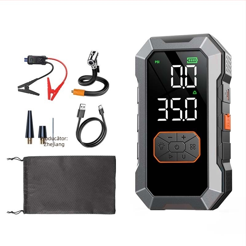 Pornire de urgență pentru mașină și pompă de aer All-In-One, power bank wireless – 14.8V, 220W, 60 L/min, manometru pentru pneuri
