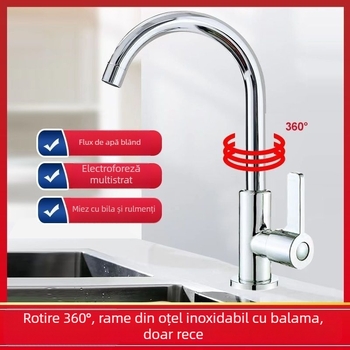 Robinet de bucătărie din oțel inoxidabil 304, finisaj cromat, disc ceramic al valvei, apă rece