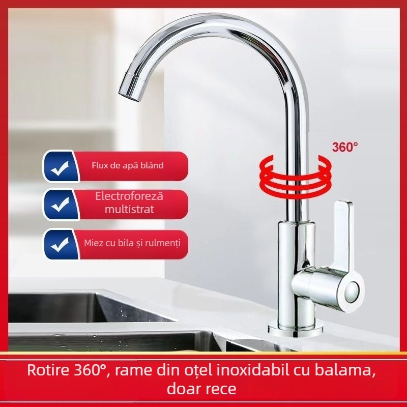 Robinet de bucătărie din oțel inoxidabil 304, finisaj cromat, disc ceramic al valvei, apă rece