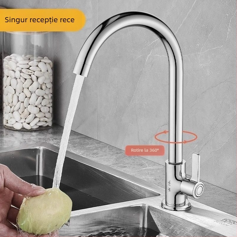 Robinet de bucătărie din oțel inoxidabil 304, finisaj cromat, disc ceramic al valvei, apă rece