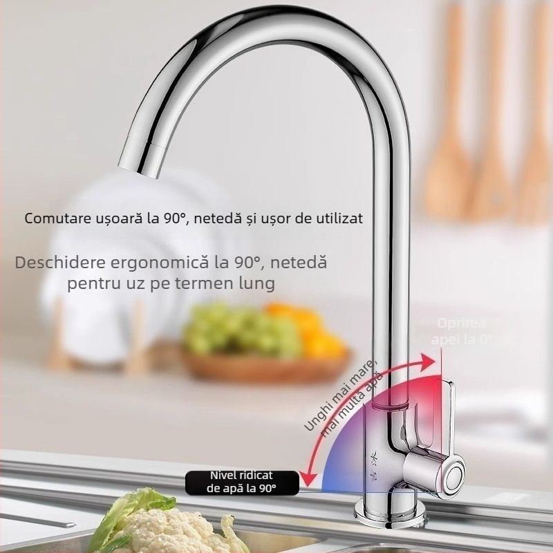 Robinet de bucătărie din oțel inoxidabil 304, finisaj cromat, disc ceramic al valvei, apă rece