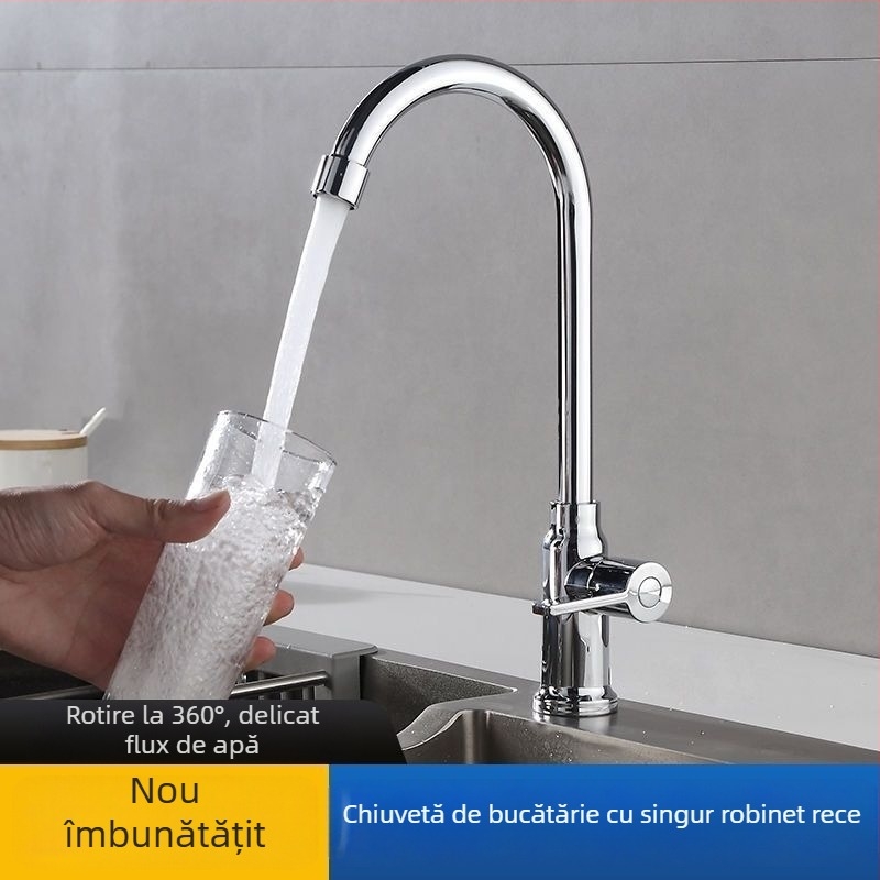 Robinet de bucătărie din oțel inoxidabil 304, finisaj cromat, disc ceramic al valvei, apă rece