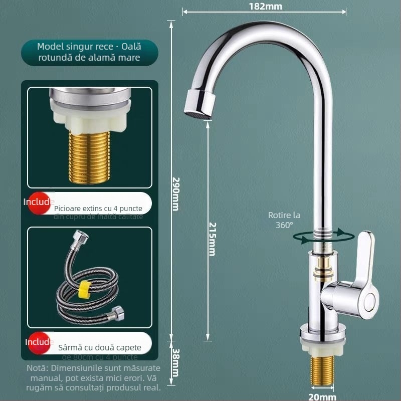 Robinet de bucătărie din oțel inoxidabil 304, finisaj cromat, disc ceramic al valvei, apă rece