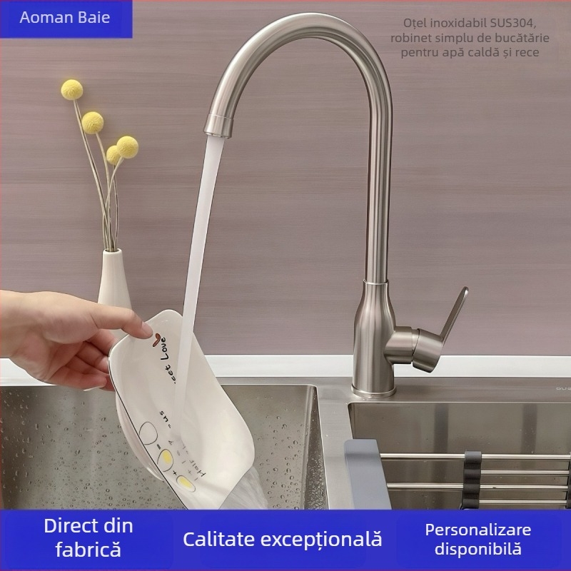 Robinet de bucătărie din oțel inoxidabil 304, cu apă caldă și rece, duză cu bilă rotativă pentru uz casnic
