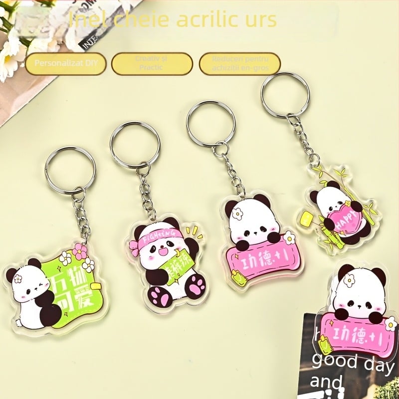 Inel pentru chei din acril, design animație DIY, pisică și panda, pentru rucsac școlar