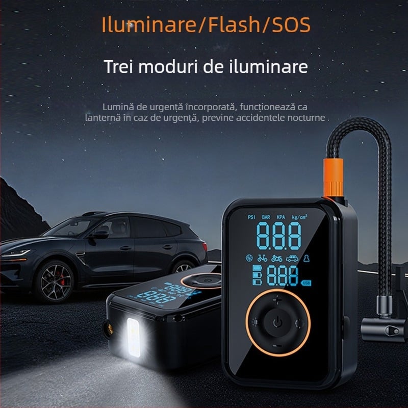 Pompa de aer portabilă pentru mașină USB, 7.4V, 25 L/min, afișaj digital, >20 minute funcționare, carcasă ABS
