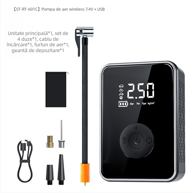 Pompa de aer portabilă pentru mașină USB, 7.4V, 25 L/min, afișaj digital, >20 minute funcționare, carcasă ABS