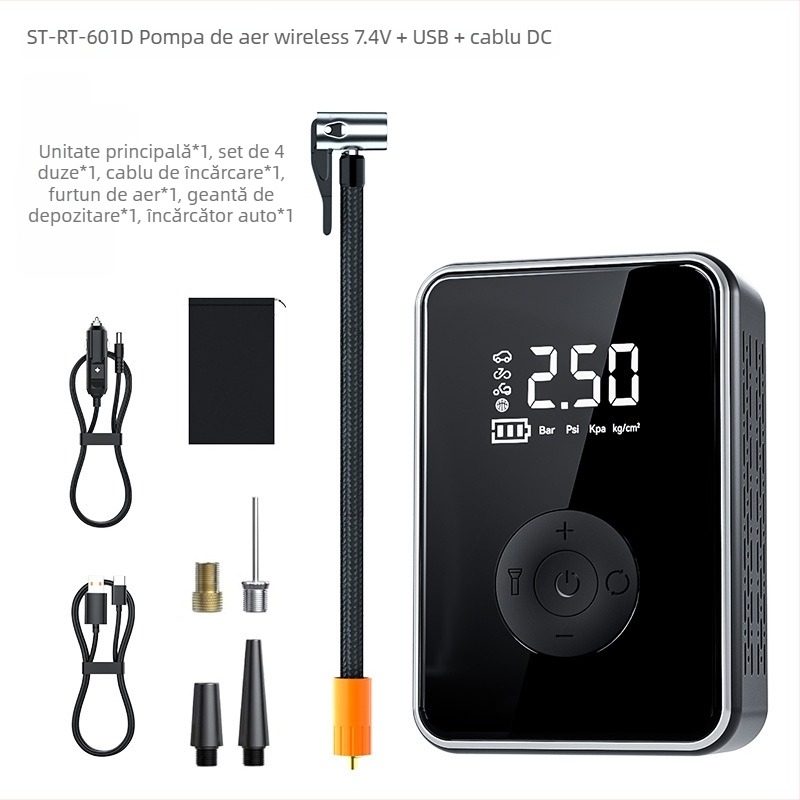 Pompa de aer portabilă pentru mașină USB, 7.4V, 25 L/min, afișaj digital, >20 minute funcționare, carcasă ABS