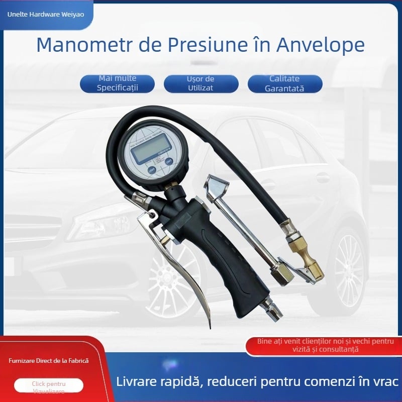 Manometru digital pentru anvelope cu pompa de aer — precizie înaltă, corp metalic, 0–16 bar