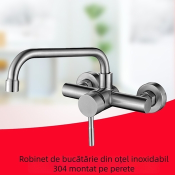 Robinet de bucătărie montat pe perete cu două găuri — oțel inoxidabil, supapă ceramică, robinet amestecător, structură dublă