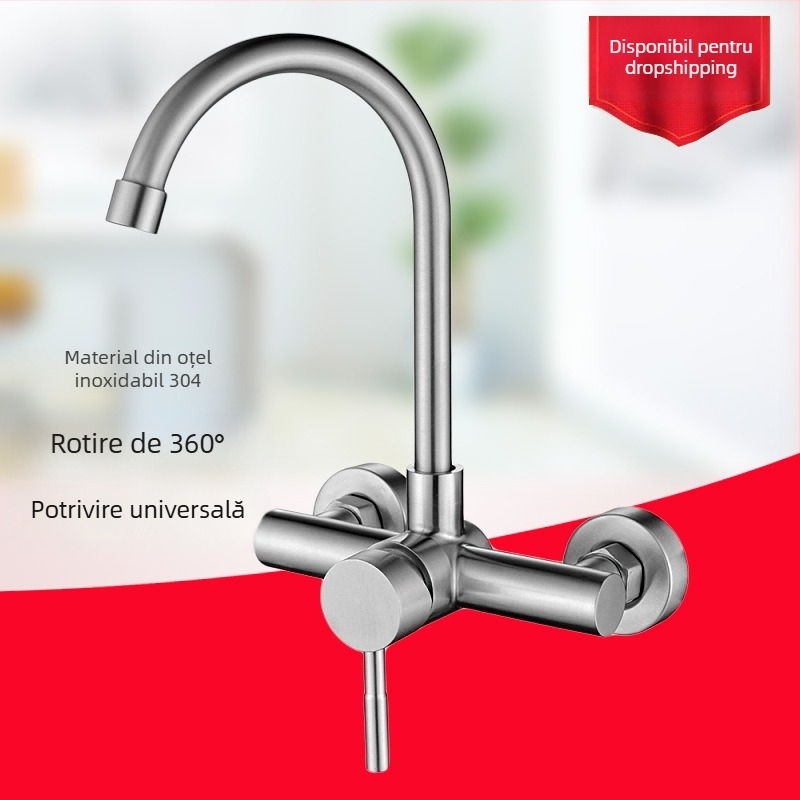 Robinet de bucătărie montat pe perete cu două găuri — oțel inoxidabil, supapă ceramică, robinet amestecător, structură dublă