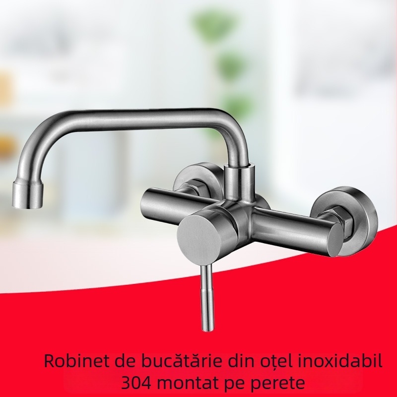 Robinet de bucătărie montat pe perete cu două găuri — oțel inoxidabil, supapă ceramică, robinet amestecător, structură dublă