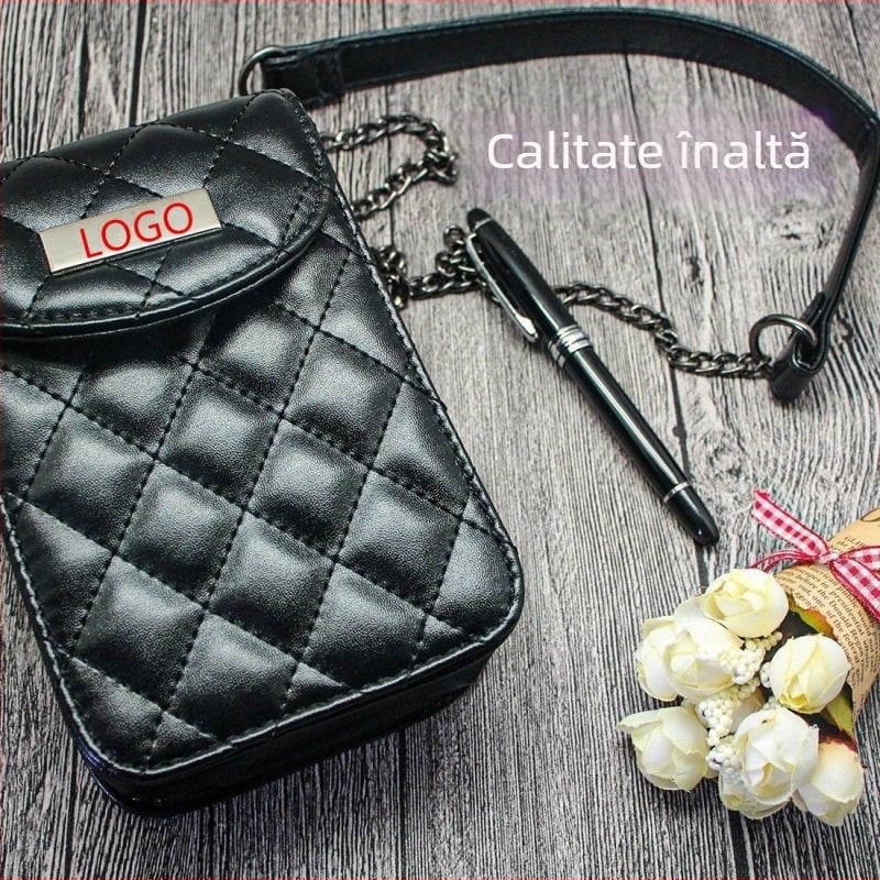 Geantă crossbody/centură cu lanț, design capitonat, utilizare dublă, stil vertical, închidere magnetică, buzunar laminat cu fermoar, căptușeală din nylon
