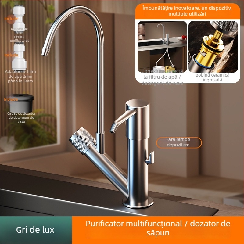 Dozator de detergent pentru bucătărie cu apăsare manuală și tavă integrată, ABS, finisaj periat, stil modern minimalist, montare pe masă