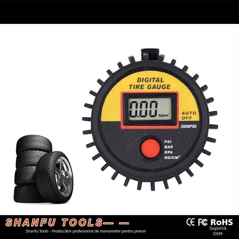 Inflațor de anvelope de înaltă precizie cu manometru digital LED, interval 0-300 psi, precizie +/-1.5 psi, carcasă din ABS, baterie CR2032.