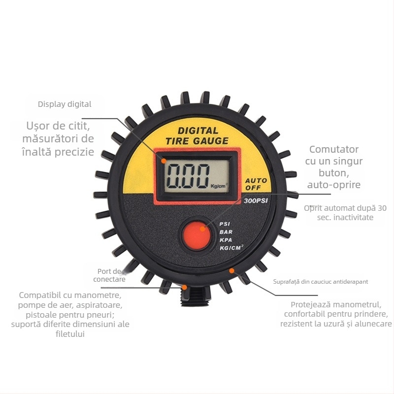 Inflațor de anvelope de înaltă precizie cu manometru digital LED, interval 0-300 psi, precizie +/-1.5 psi, carcasă din ABS, baterie CR2032.