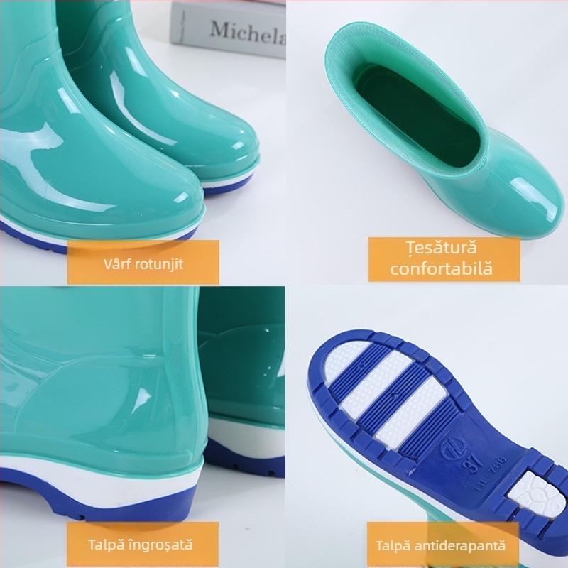 Cizme de ploaie pentru femei, PVC partea superioară, glezna scurtă, antiaderente, impermeabile, toc 1–3 cm