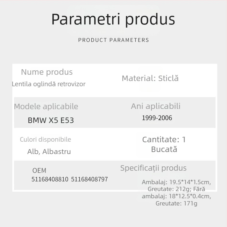 Lentilă oglindă retrovizoare pentru BMW X5 E53 (1999-2006) - sticlă plată, înlocuire, CZPINCHEN, modele 51168408797, 51168408798