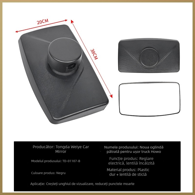 TD-01107 Oglindă exterioară pentru camion, oglindă plată, carcasă din plastic dur, sticlă din plastic dur + lentilă din sticlă