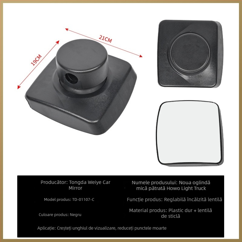 TD-01107 Oglindă exterioară pentru camion, oglindă plată, carcasă din plastic dur, sticlă din plastic dur + lentilă din sticlă
