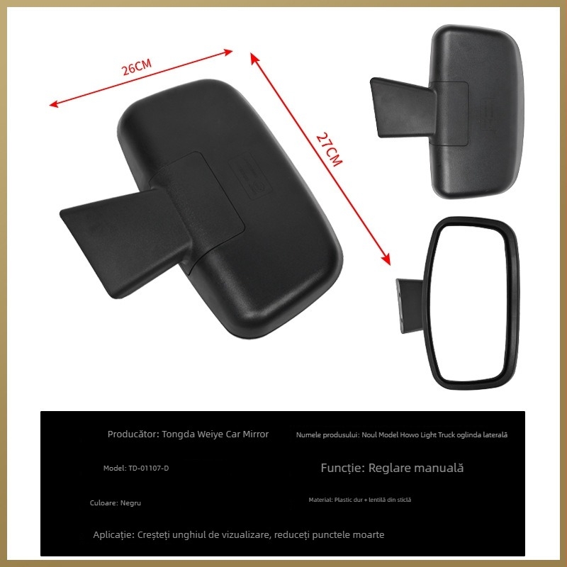 TD-01107 Oglindă exterioară pentru camion, oglindă plată, carcasă din plastic dur, sticlă din plastic dur + lentilă din sticlă